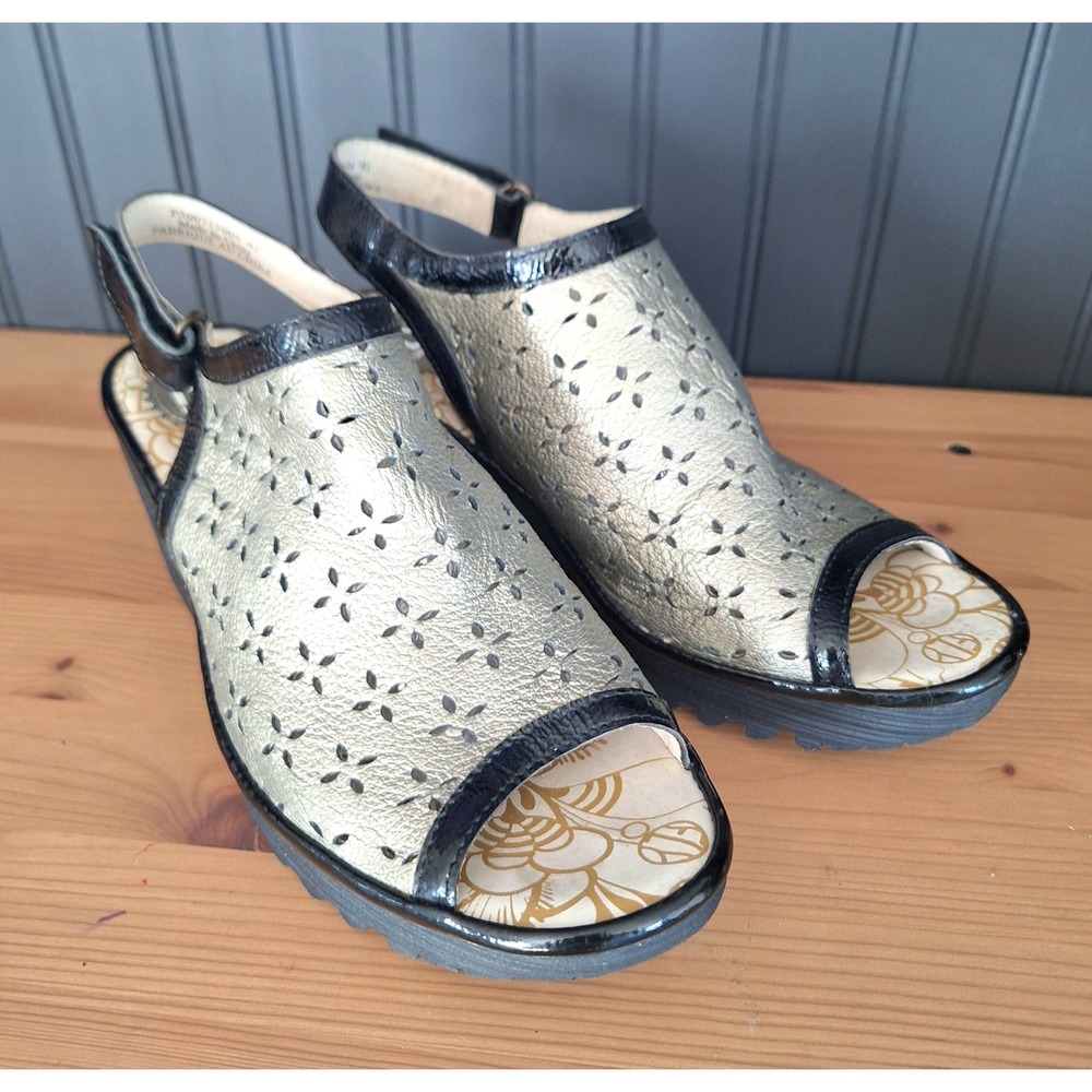 Fly London Yala Silver Black Metallic Leather Laser Cut Wedge Sandals 41